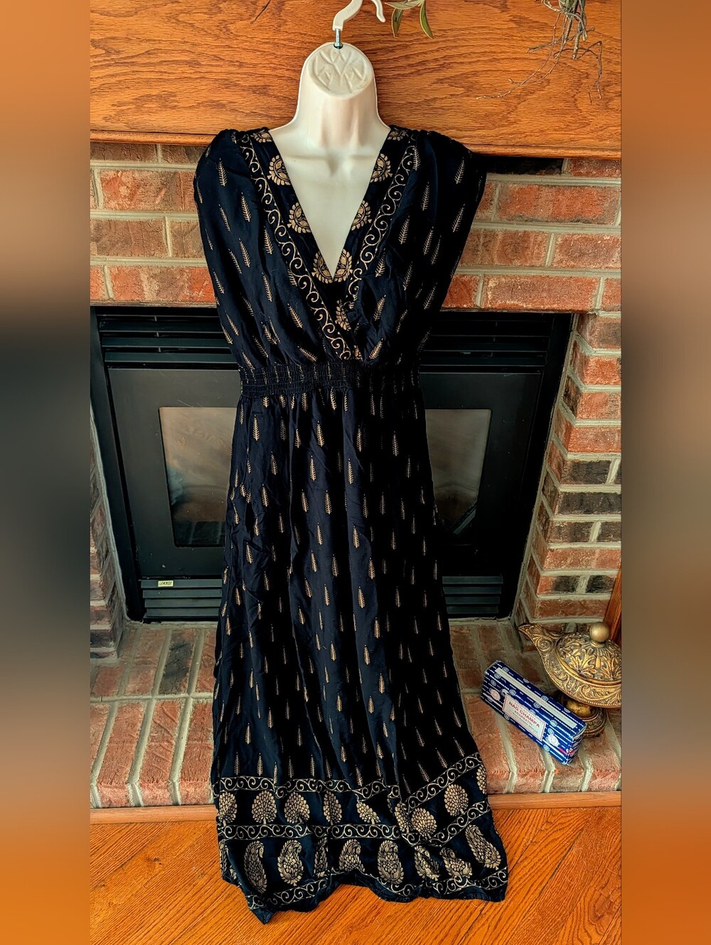 Black India Maxi Dress with Gold Paisley Accents Size Large